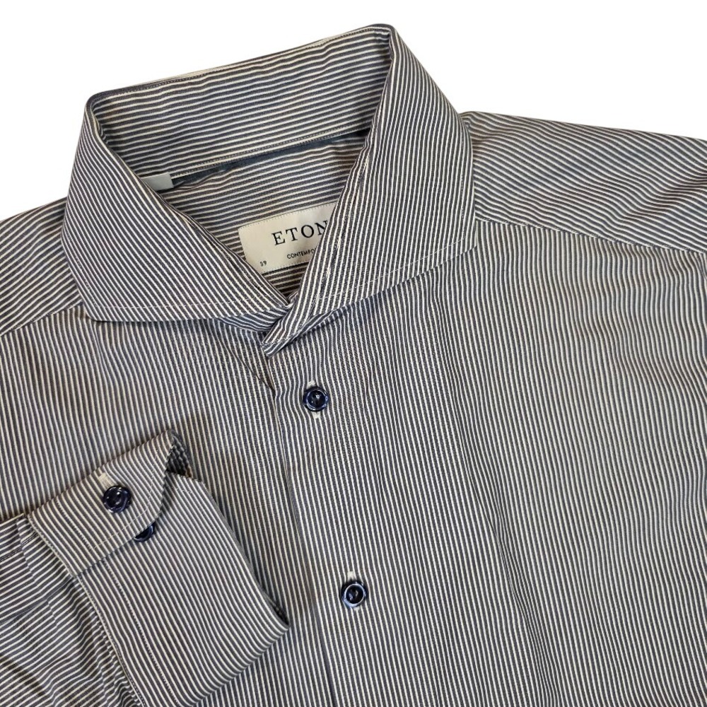 Eton Men 39/15.5 Contemporary Fit Dress Shirt Navy White Micro Stripe Cotton L/S